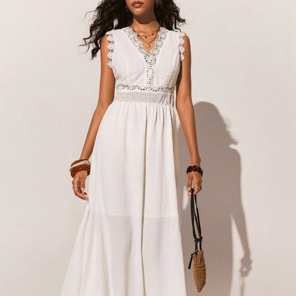 White Casual Women's Elegant V-Neck Sleeveless Lace Dress - Picture 4 of 4